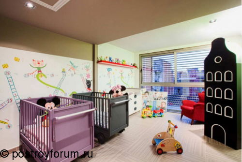 Оригинальный дизайн детской комнаты для двух новорожденных
